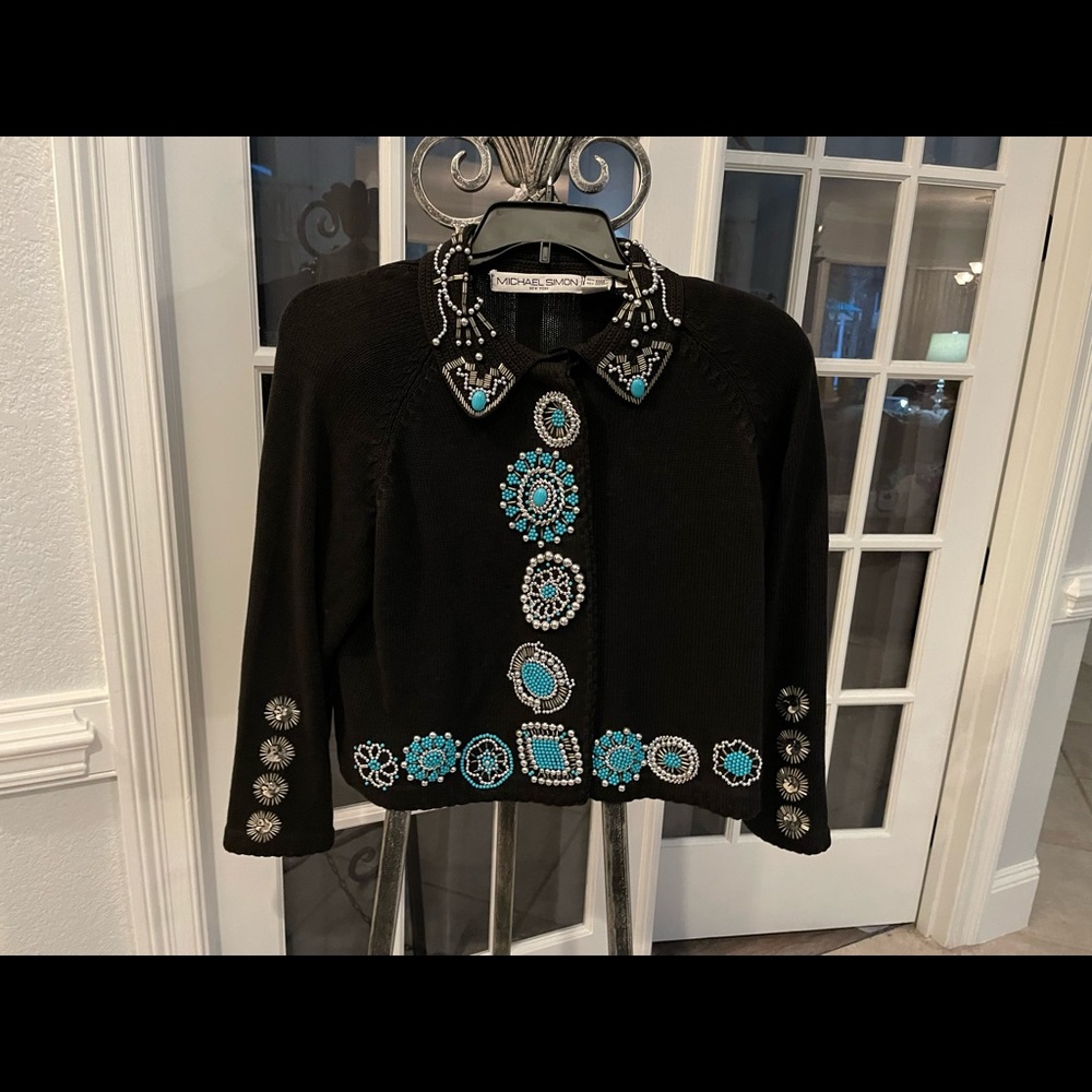 VINTAGE MICHAEL SIMON size 2 m/l.  Sweater/cardigan turquoise& silver accents.